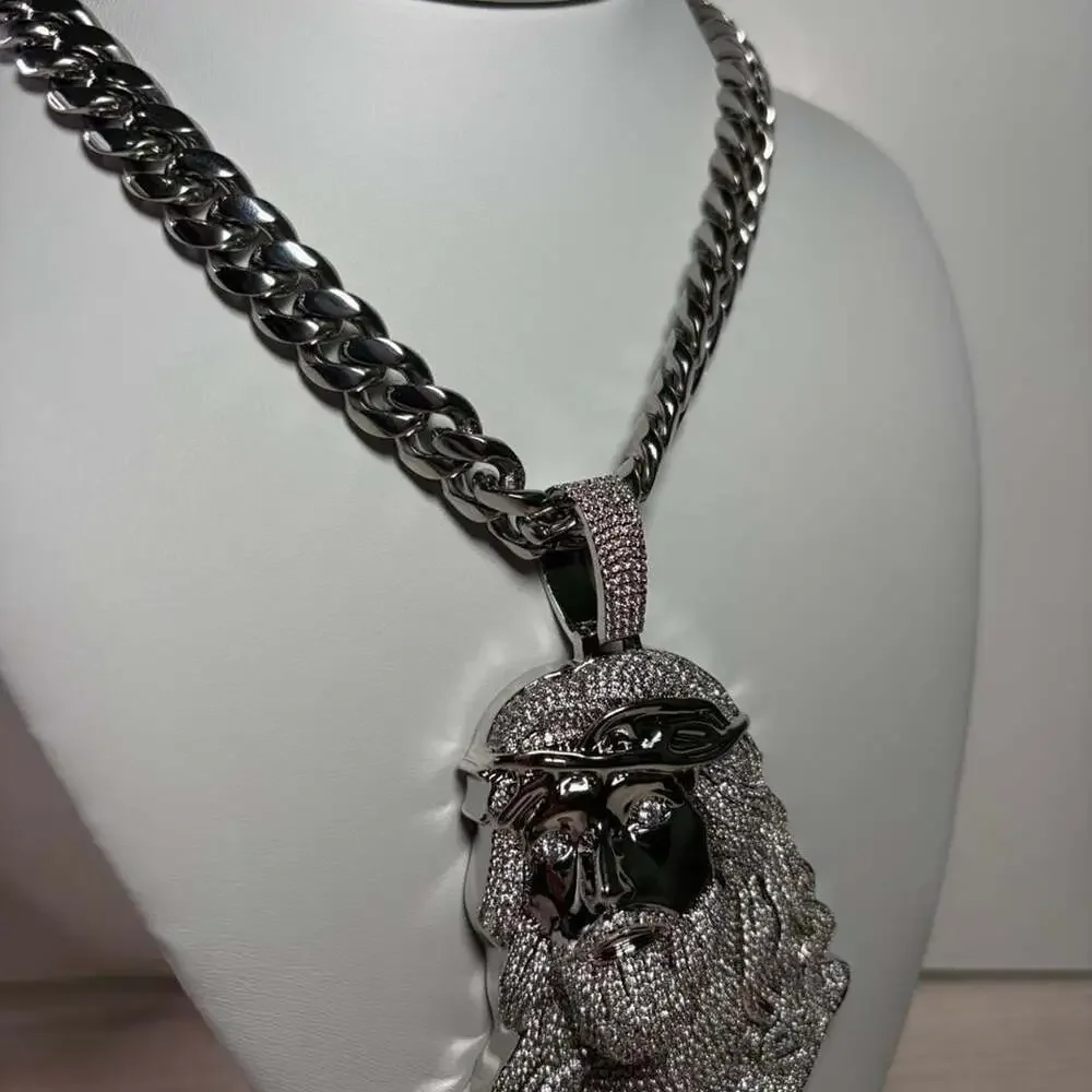 Silver Iced Out Jesus Pendant Necklace with Cuban Link Chain 20inch